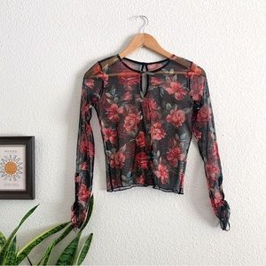 Sheer Long Sleeve Roses Print Top